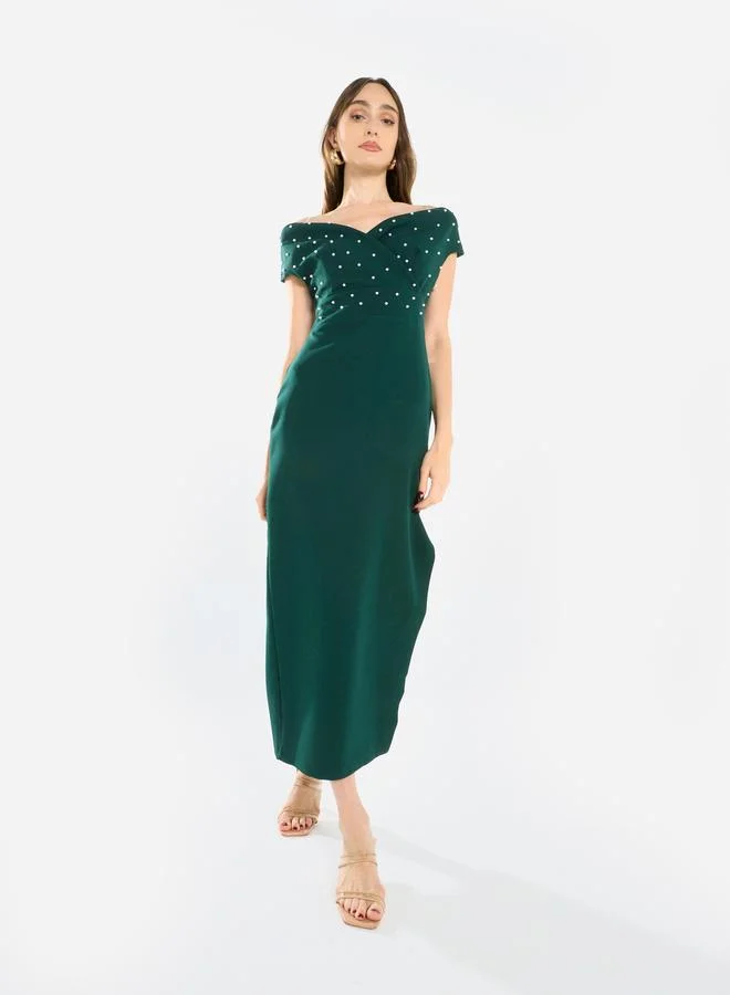 House of Moda Women Embellished Bardot Midi Dress